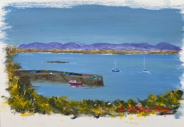 Roundstone Old Harbour and Mountains, by Yvonne King, 2025, Artist Acrylic on Medium Grain cold pressed paper with white painted edges. A4 size